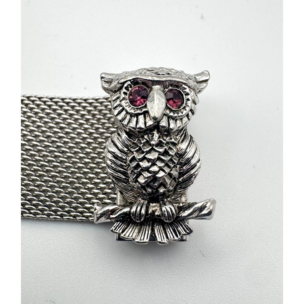Vintage Sarah Coventry Bracelet Nocturne Owl Mesh 1972 Adjustable Silver Tone